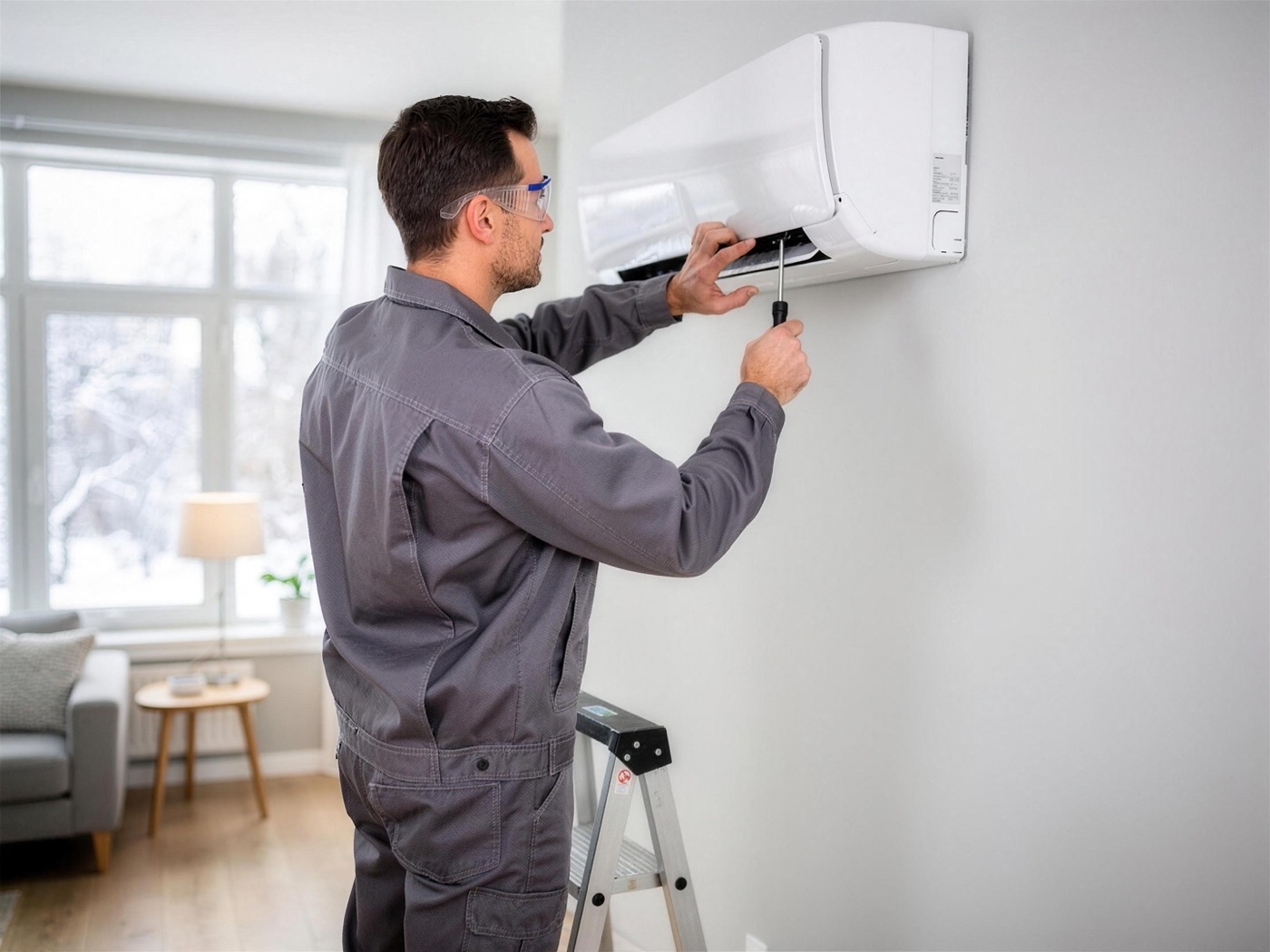 Installateur licencié RBQ et assuré, installant une thermopompe murale dans une résidence au Québec